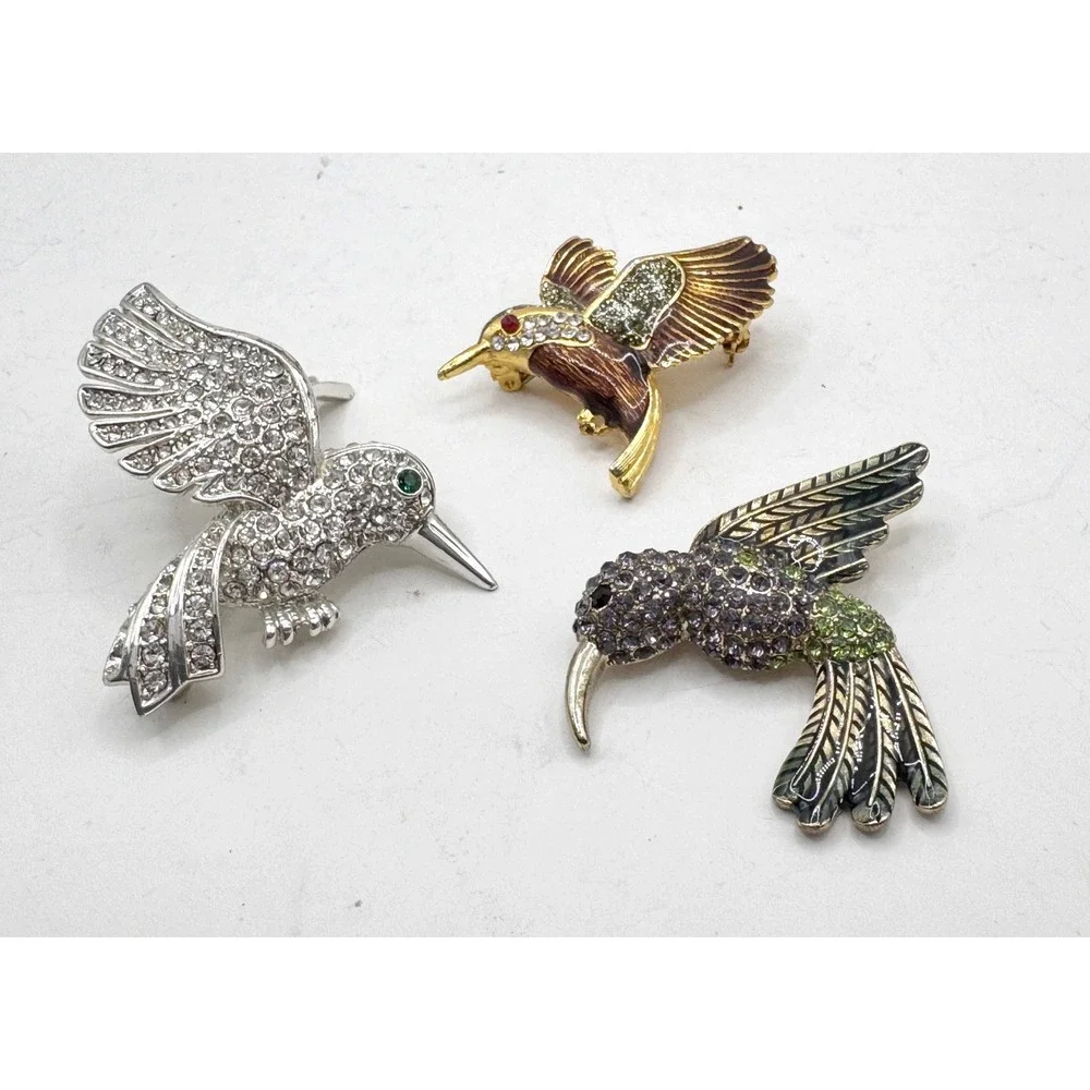 Hummingbird Brooch Pin Set 3pc Rhinestone Enamel Crystal Silver Gold Tone Bird